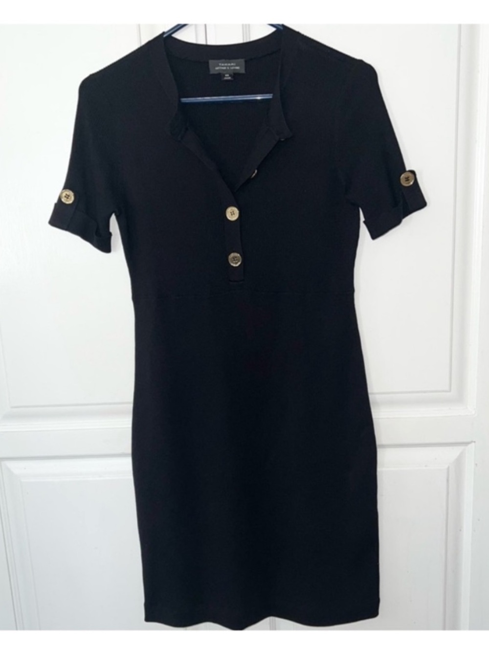 Tahari ASL Black Silk Blend Rib Knit Sweater Dress Gold Button Detail XS - Picture 9 of 9
